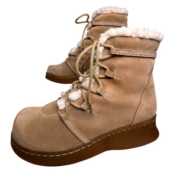 Vtg Y2K Report Tan Suede Fur Rubber Chunky Heel Ankle Boots Womens Sz 7.5 90s - Picture 16 of 16